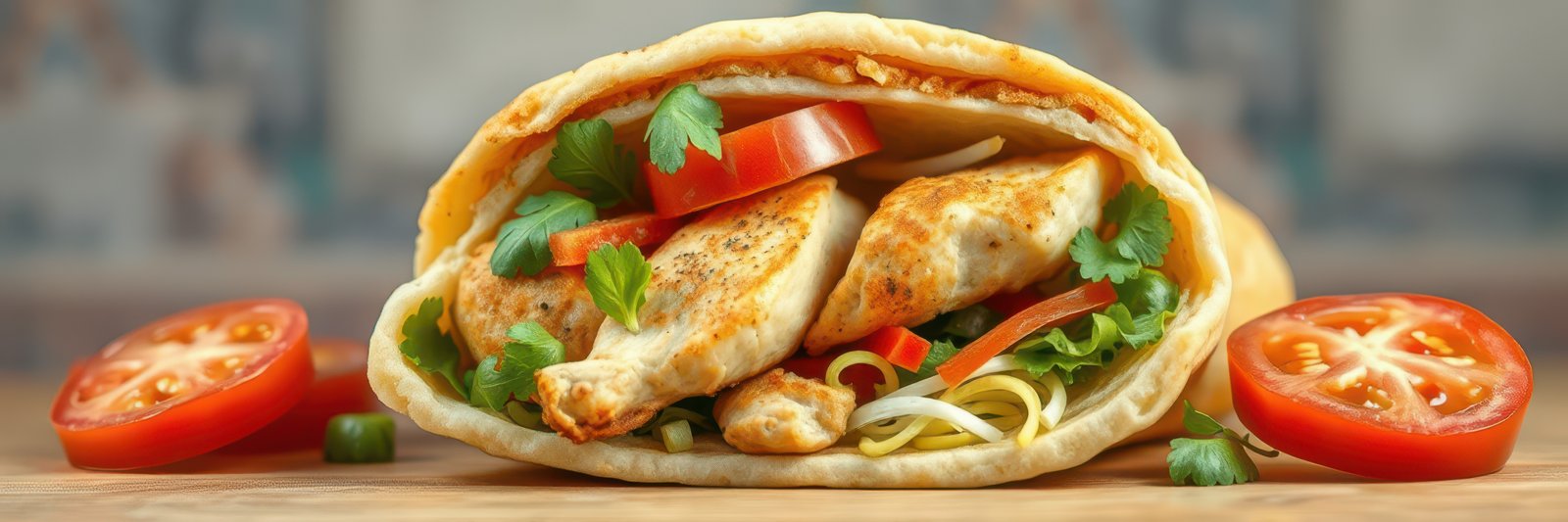 Delicious grilled chicken wrap with fresh vegetables and herbs served with sliced tomatoes